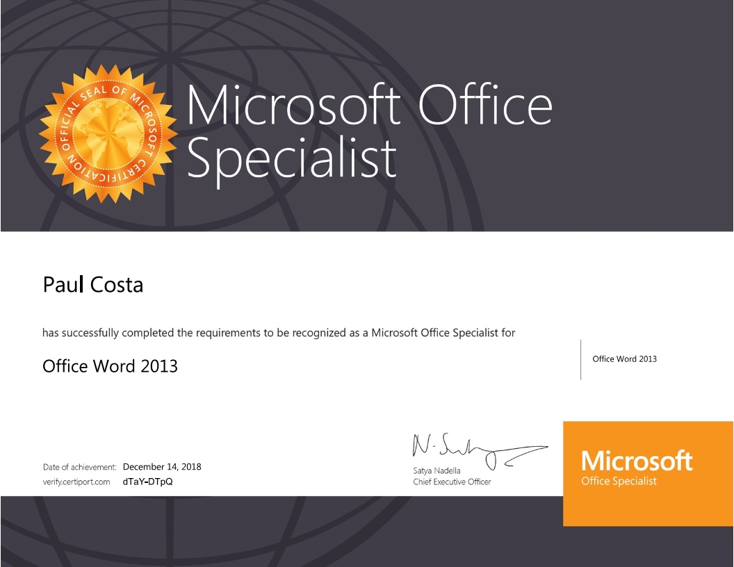 MOS (Microsoft Office Specialist) in Word 2013 Certificate