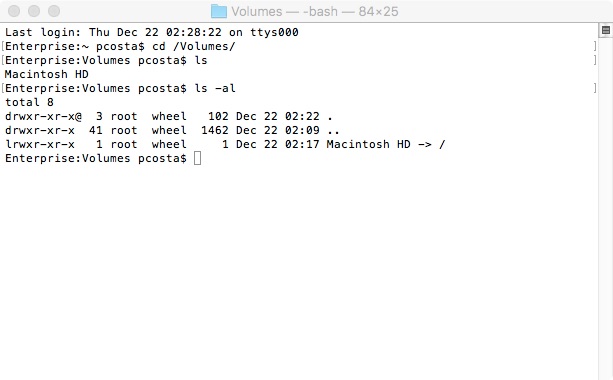 Screenshot of the command line listing the contents of the /Volumes directory
