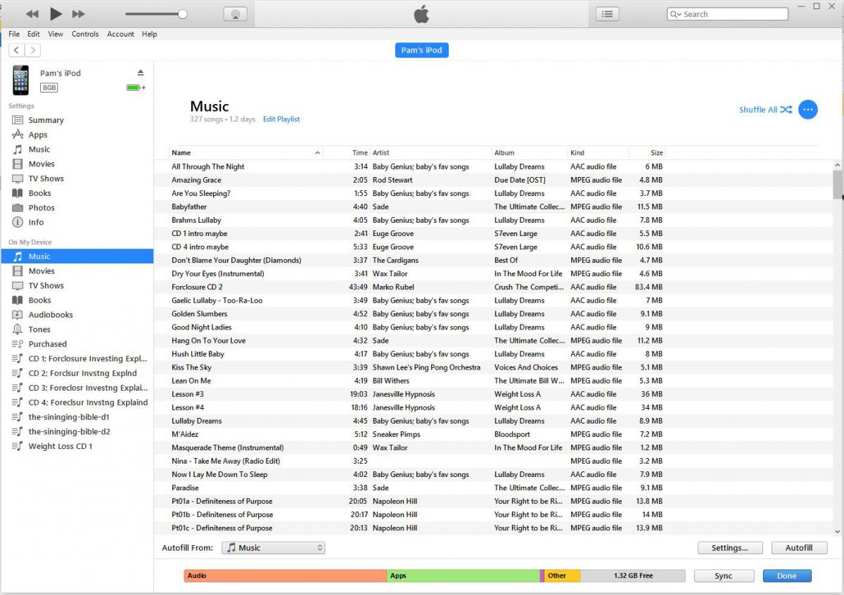 screenshot of itunes interface w/device plugged in and clicking on the music folder in the left pane