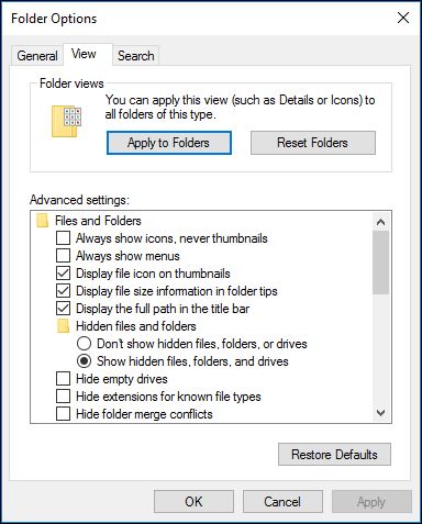 Screenshot of the folders options dialog box to show hidden folders files and drives.jpg