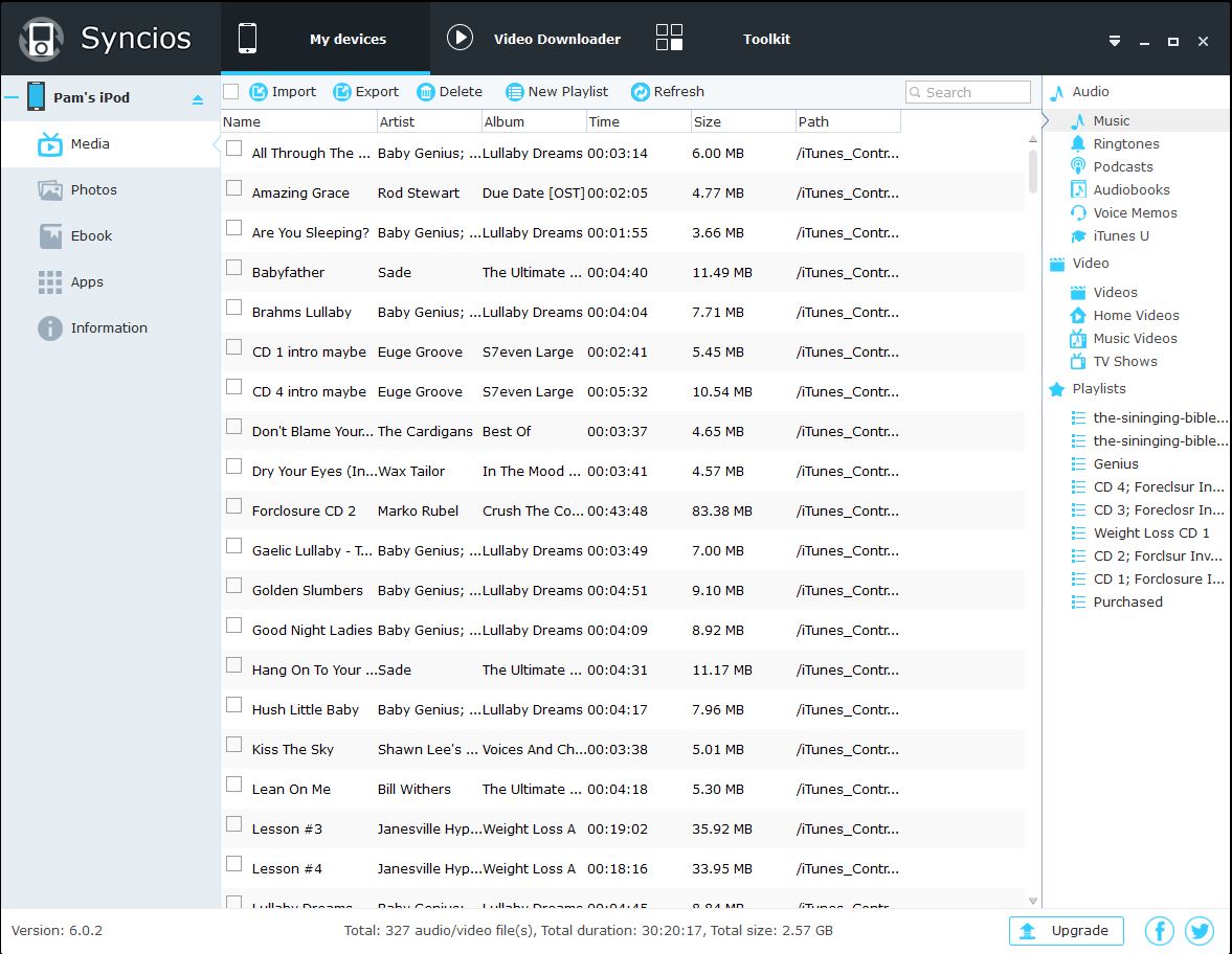 Screenshot of syncios software interface