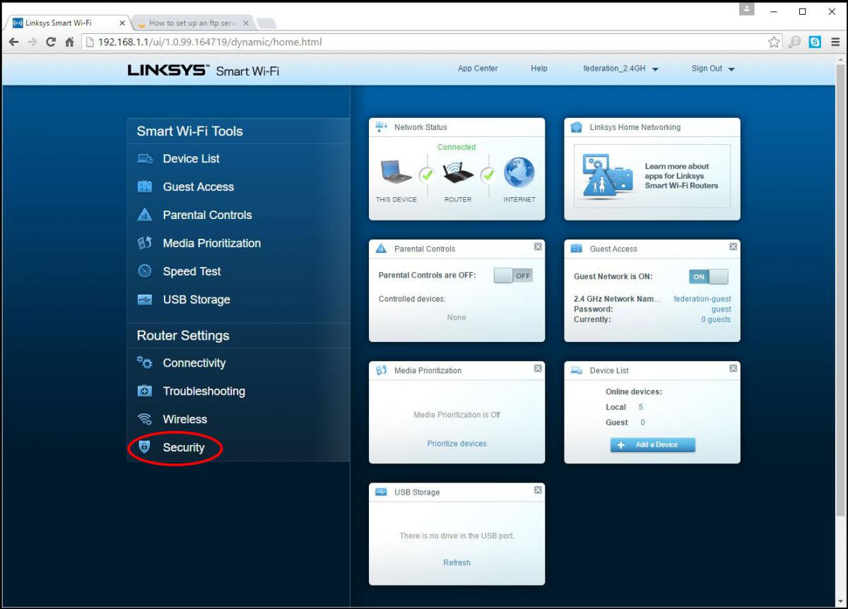 screenshot of the Linksys routers main menu page