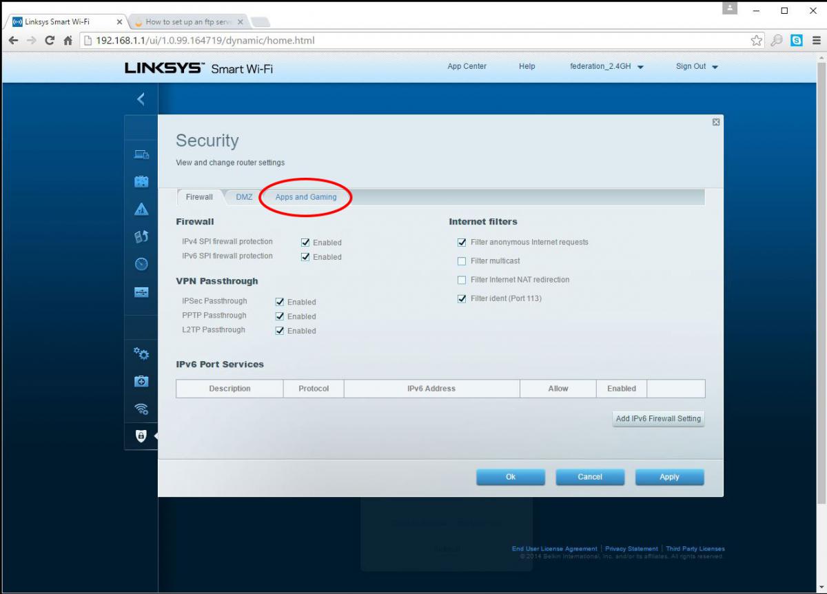 screenshot of the Linksys router security page