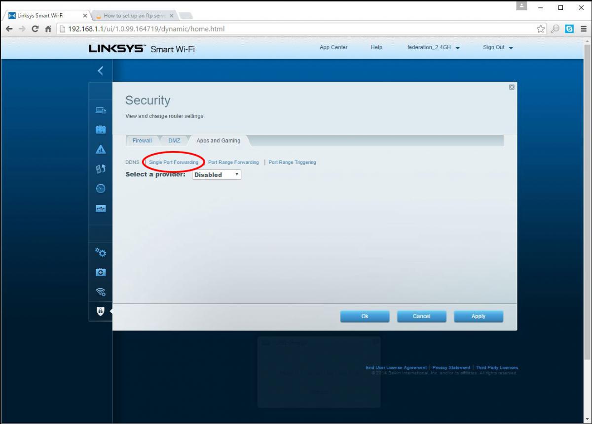 screenshot of Linksys router Apps and Gaming page