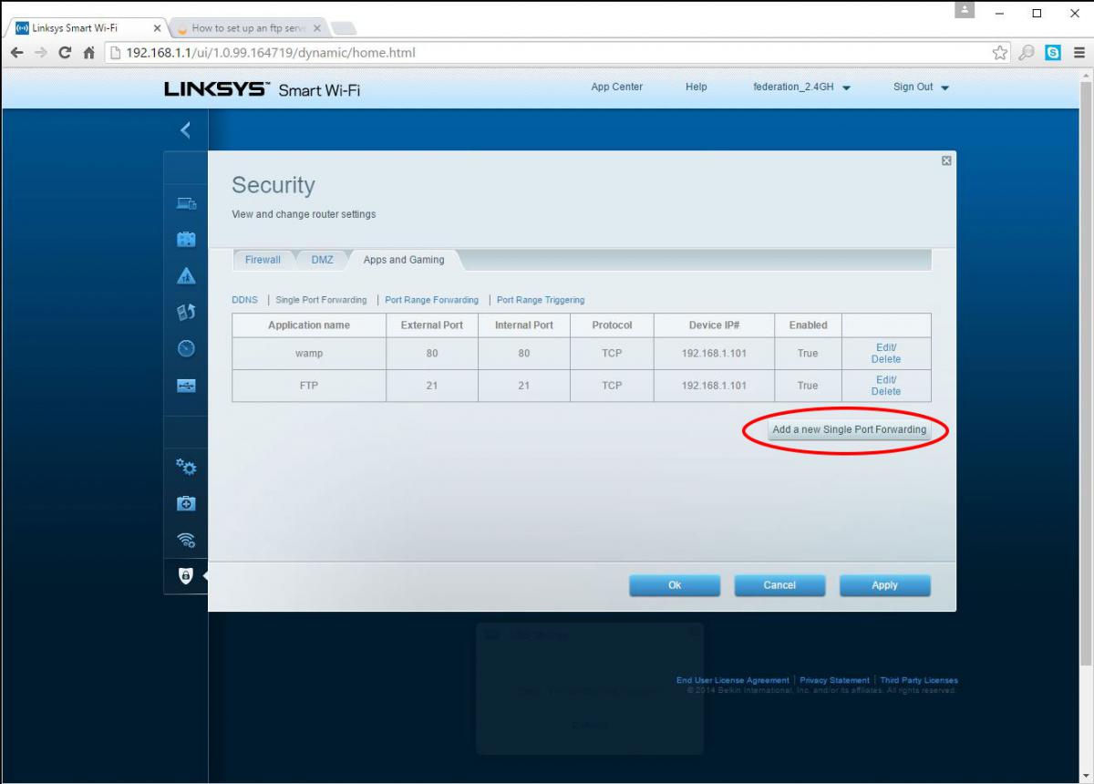 screenshot of the Linksys single port forwarding page