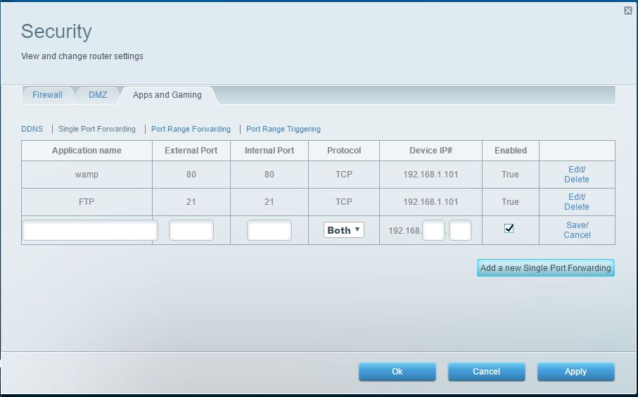 screenshot of forwarding a port in a Linksys router