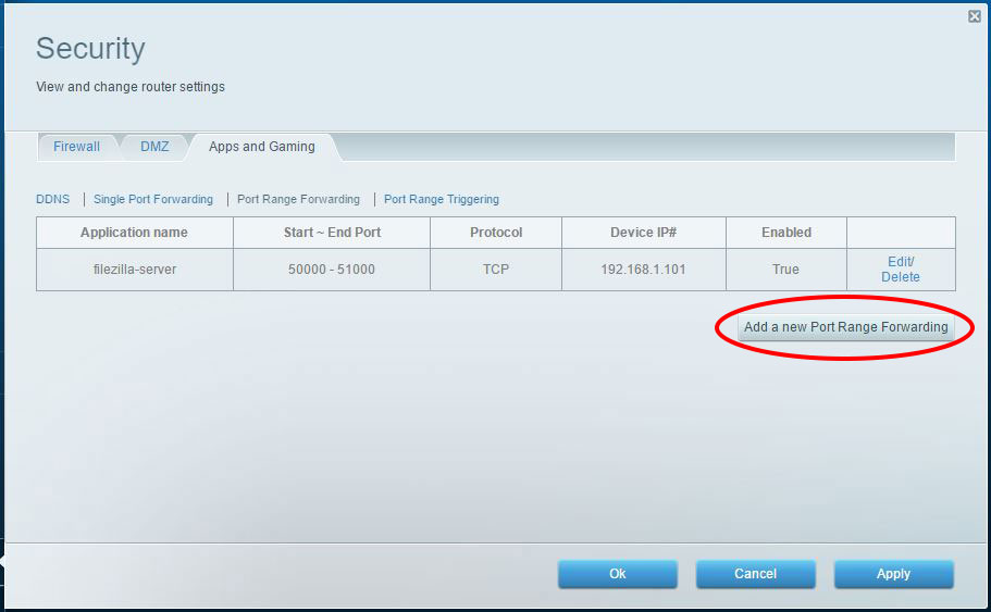 screenshot of a Linksys router Port Range Forwarding page