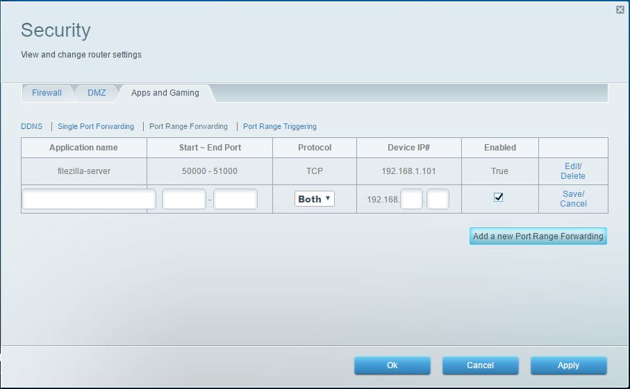 screenshot of the Add Port Range Forwarding in a Linksys router