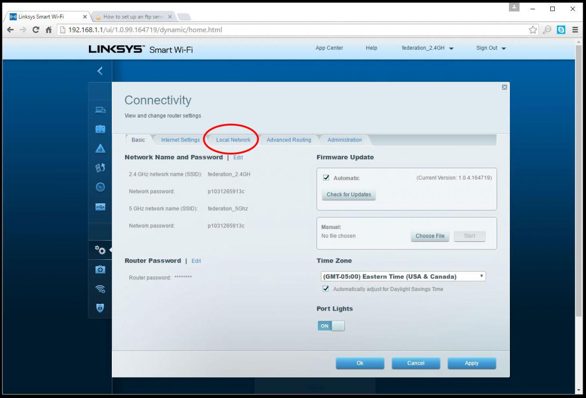 screenshot of linksys connectivity page