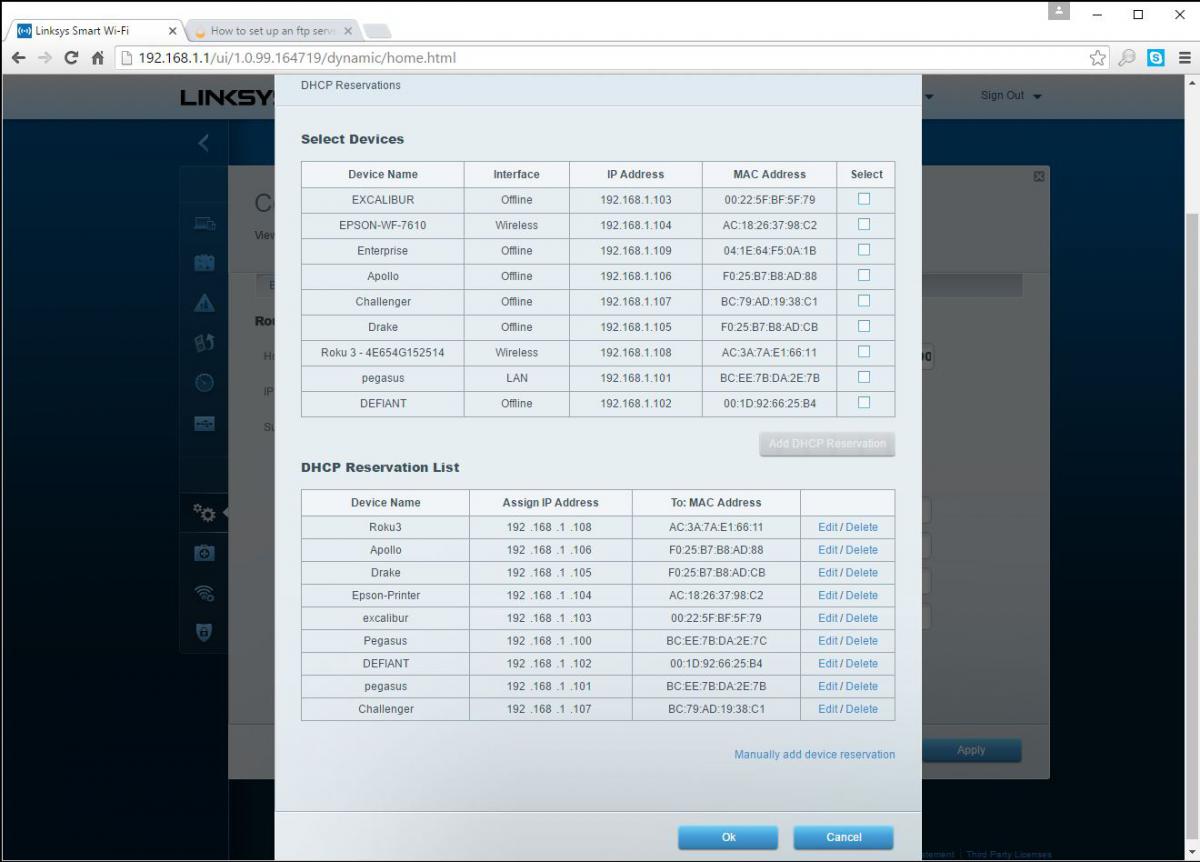 screenshot of DHCP Reservation list