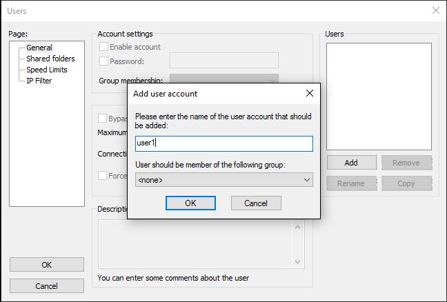 screenshot of Filezilla Server add user dialog box filled in