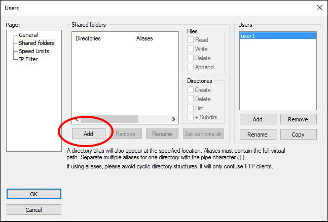 screenshot of Filezilla Server add directories