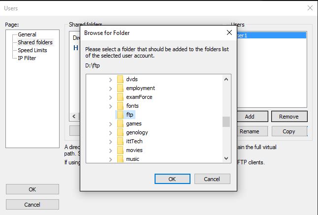 screenshot of Filezilla Server add directories dialog box