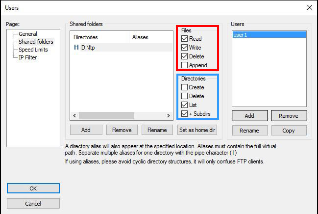 screenshot of Filezilla Server files and directories set permissions