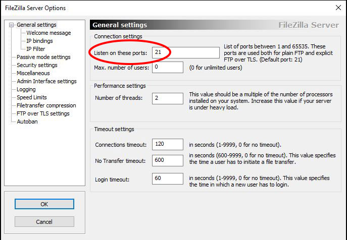 screenshot of the Filezilla Server general settings pane