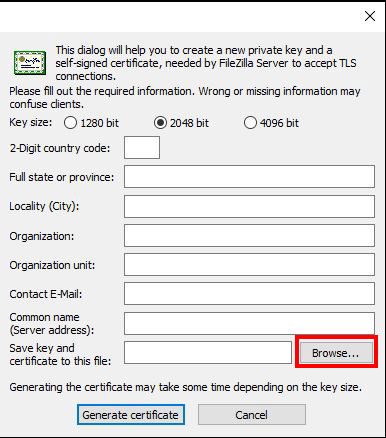 screenshot of Filezilla Server certificate form