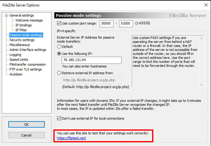 screenshot of Filezilla Server passive mode settings