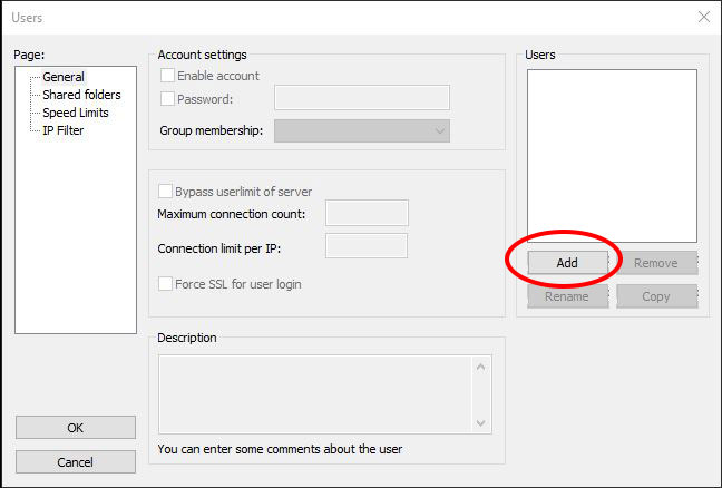 screenshot of Filezilla Server add user dialog box