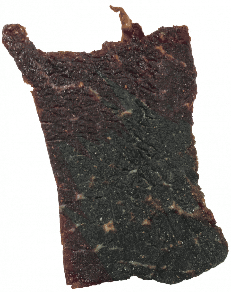 photo of a piece of sweet & spicy beef jerkey